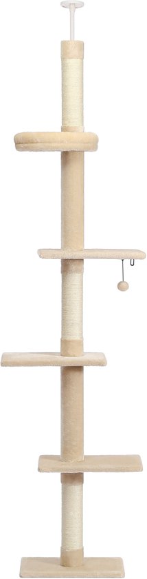 Hoge beige krabpaal met meerdere plateaus en krabpalen.