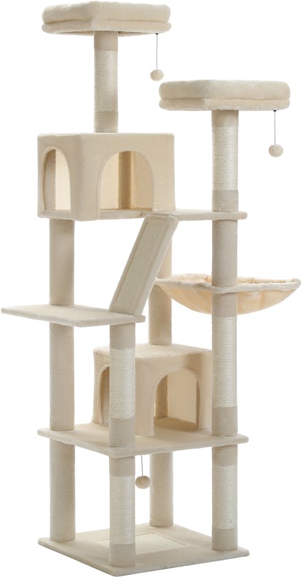 Een hoge, beige krabpaal met meerdere verdiepingen, plateaus, huisjes en een hangmat.