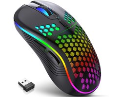 foto van Muis Draadloos - Game Muis - met RGB-achtergrondverlichting - 6 knoppen verstelbaar - Rgonomisch ontworpen - Honingraatstructuur - Oplaadbare gamingmuis - geschikt voor laptop, pc, desktop - Zwart
