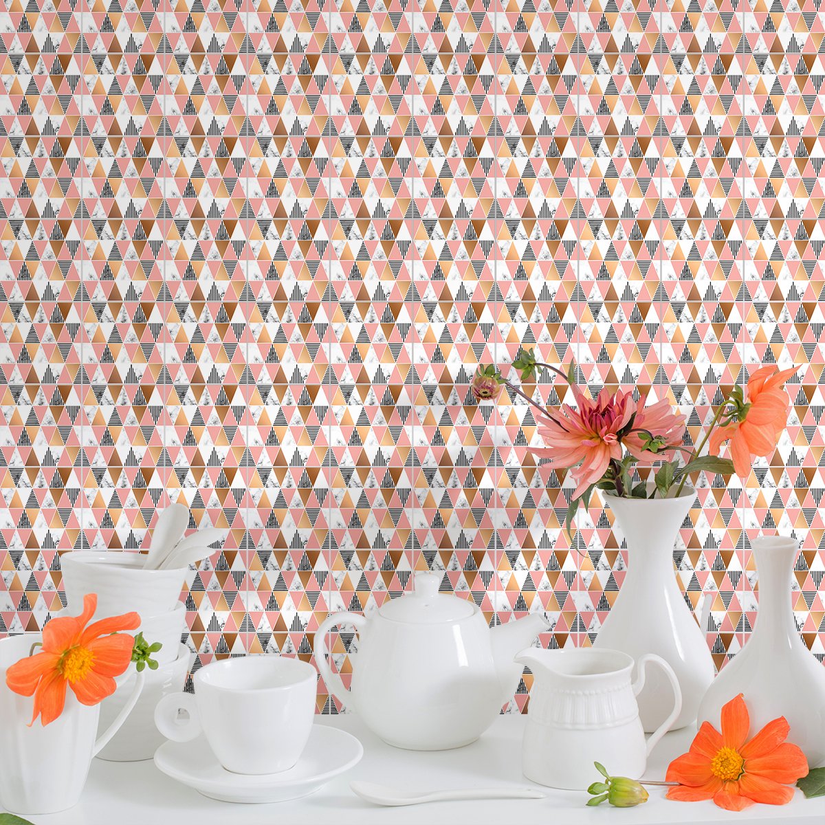 Ambiance Sticker Zelfklevende tegelmuurstickers voor keuken en badkamer - 9 stijlvolle geometrische cementtegelstickers met marmerlook - 9 stickers van 15x15 cm Multi color