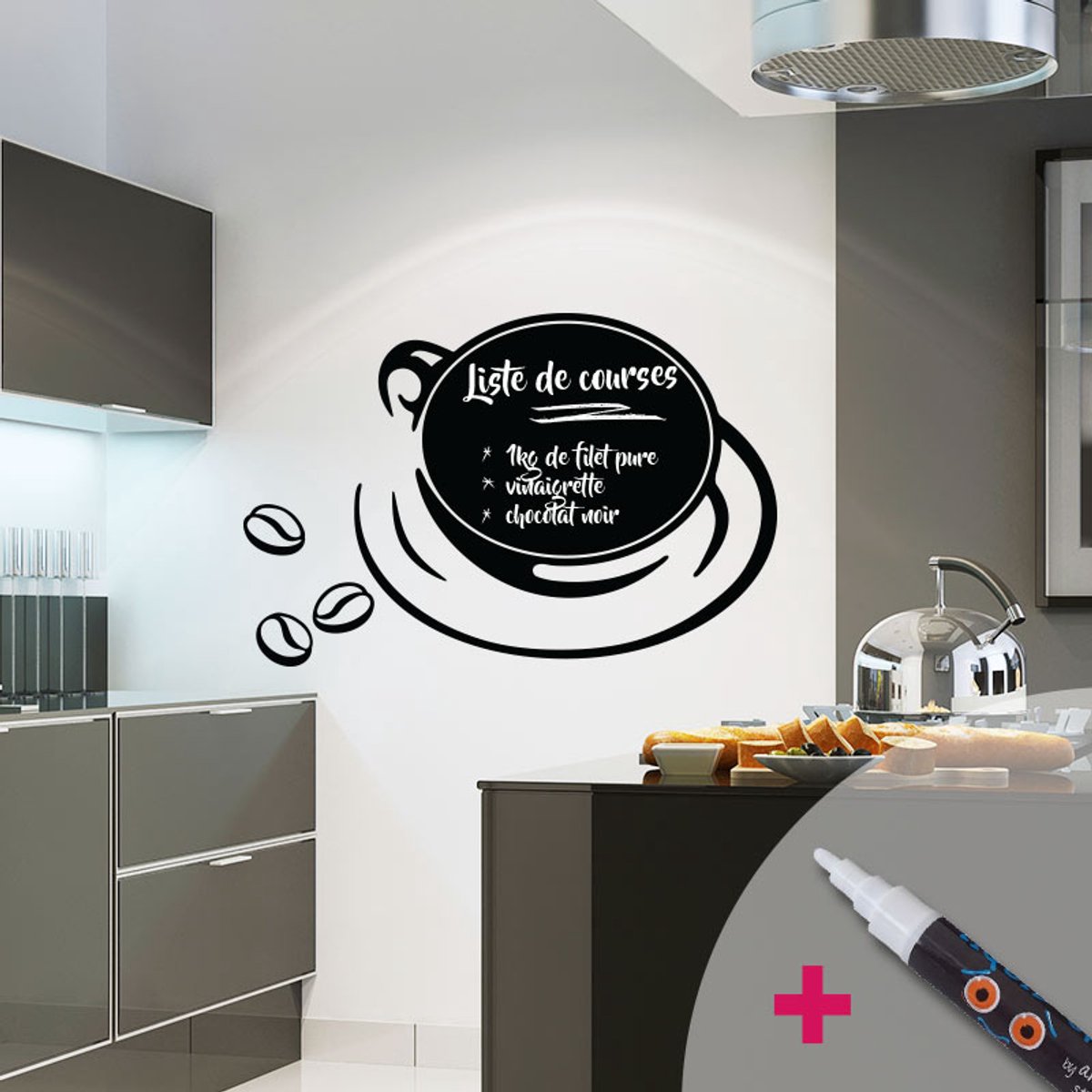 Ambiance Sticker Schoolbord muursticker - uitwisbare zelfklevende muurstickers - CAFE CHIC + WITTE VLOEIBARE KRIJT - 25x30cm Multi color