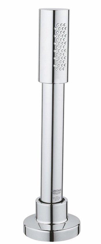 Chroomkleurige GROHE handdouche met cirkelvormig sproeigebied en ronde voet.