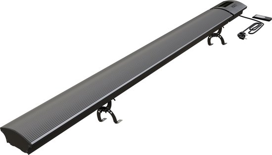 Lange zwarte VOLT! heater met bevestigingsbeugels en een afstandsbediening met snoer.