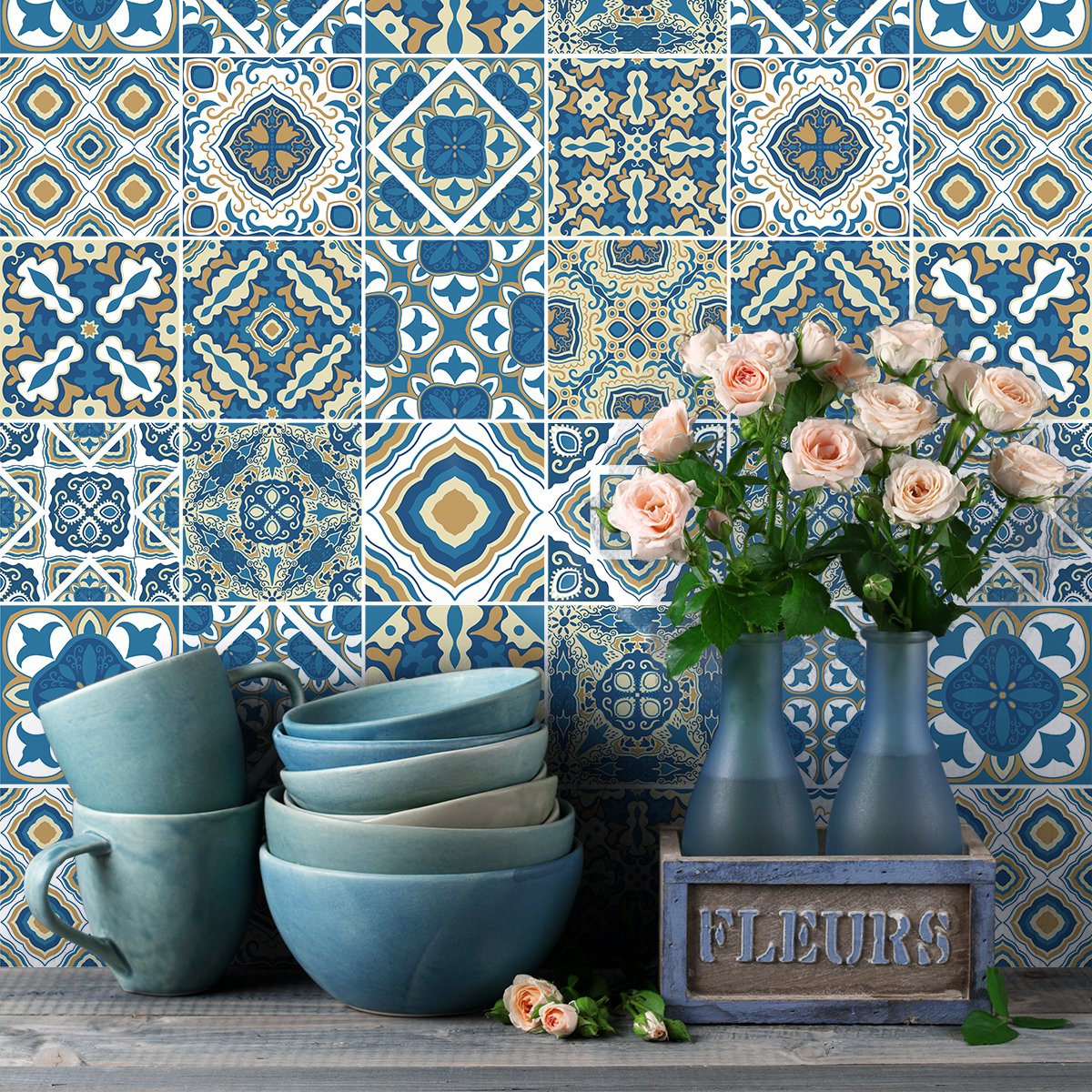 Ambiance Sticker Zelfklevende tegelmuurstickers voor keuken en badkamer - 9 cementtegelstickers, Azulejos Isabelo - 9 stickers, 20x20cm Multi color