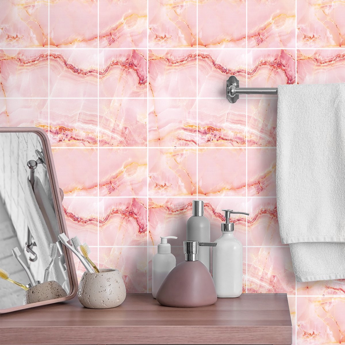 Ambiance Sticker Zelfklevende tegelmuurstickers voor keuken en badkamer - 9 roze marmeren cementtegelstickers van Bonoa - 9 stickers van 15x15 cm Multi color