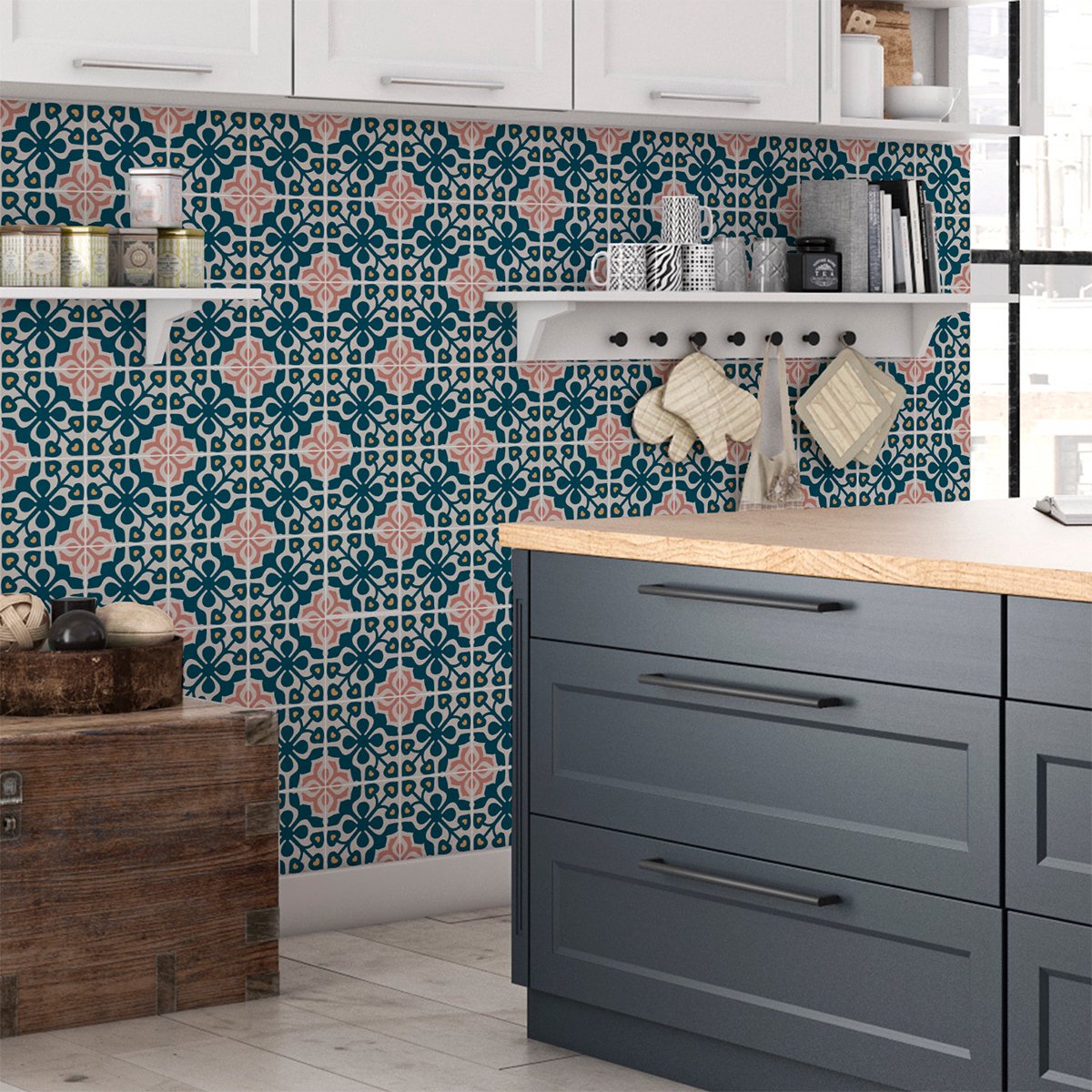 Ambiance Sticker Zelfklevende tegelmuurstickers voor keuken en badkamer - 60 cementtegelstickers, Azulejos Apollo Design - 60 stickers, 15x15cm Multi color
