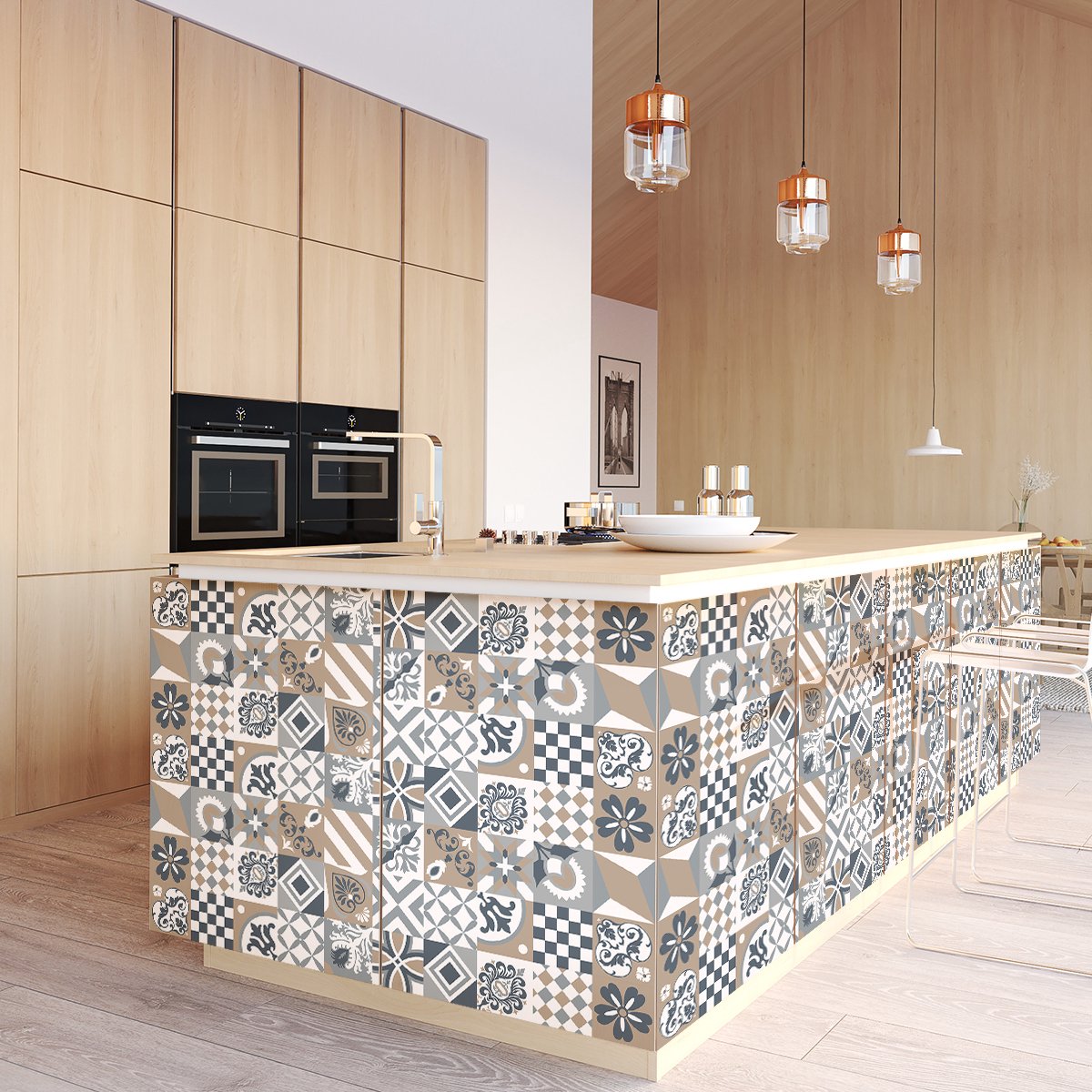 Ambiance Sticker Zelfklevende tegelmuurstickers voor keuken en badkamer - 60 cementtegelstickers voor meubels - Barcenas - 60 stickers 10x10cm Multi color
