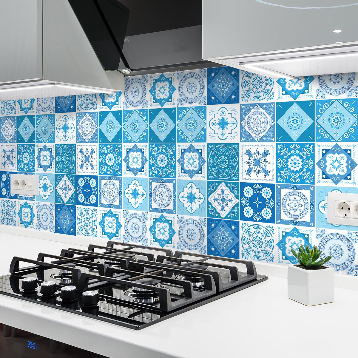 Ambiance Sticker Zelfklevende tegelmuurstickers voor keuken en badkamer - 24 cementtegelstickers, Azulejos-stijl, Shelbio - 24 stickers, 15x15 cm Multi color