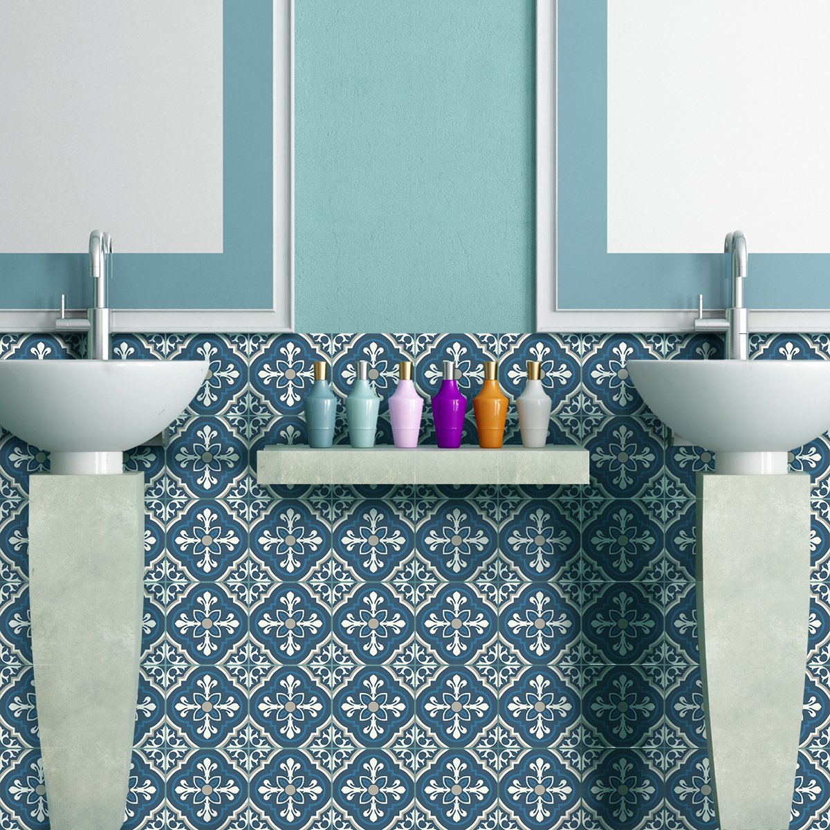 Ambiance Sticker Tegelstickers voor de muur in keuken en badkamer - 30 Lilya Azulejos cementtegelstickers - 30 stickers 10x10cm Multi color