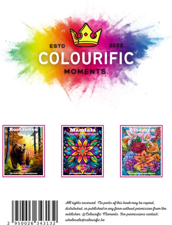 Cover van een Colourific Moments kleurboek met op de voorgrond een bruine beer in een bos, daarnaast boeken met mandala en bloemen patronen.ESTD 2022 COLOURIFIC MOMENTS.