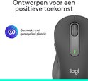 Grijze Logitech M650 muis met de tekst "Ontworpen voor een positieve toekomst" en "Gemaakt met gerecycled plastic".