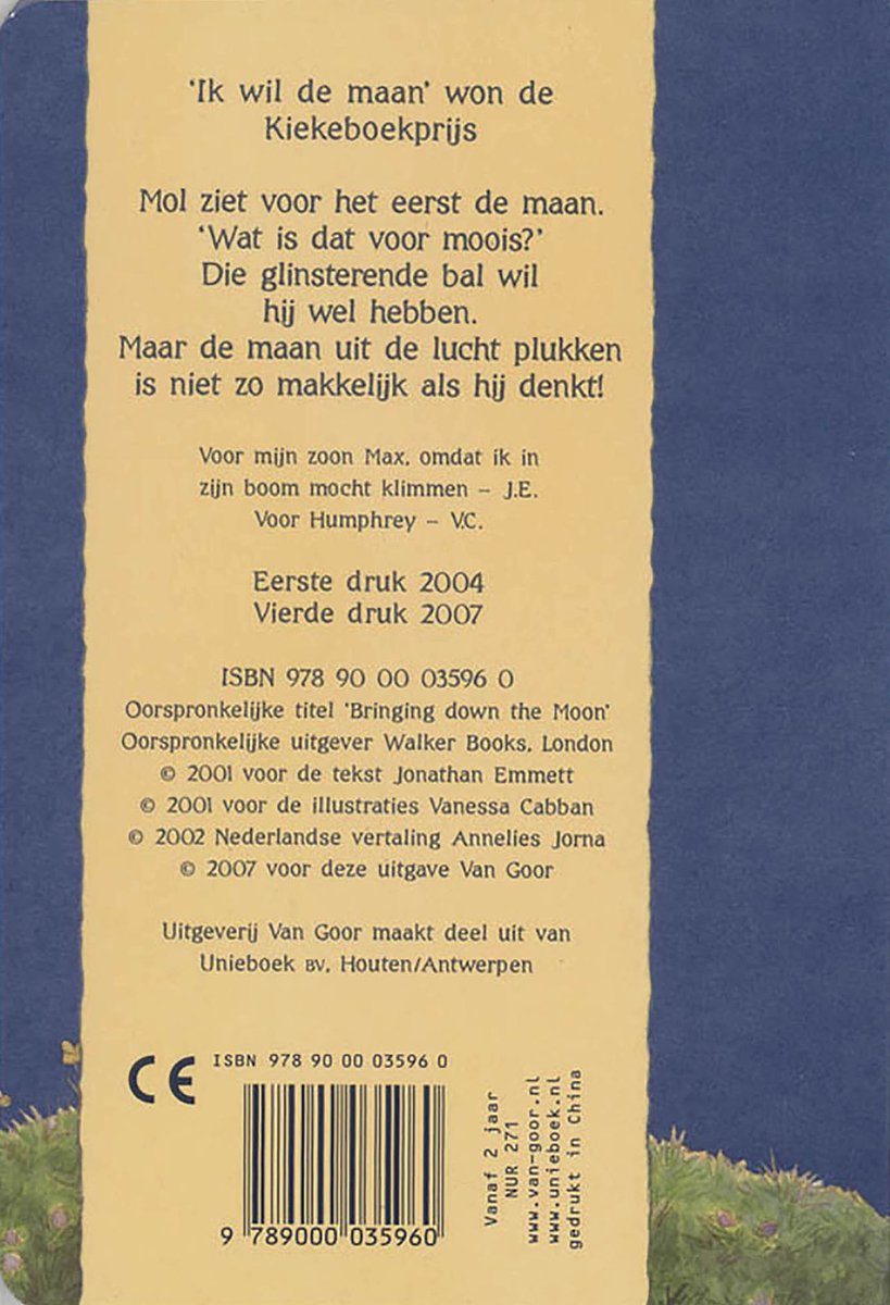 Achterkant van een kinderboek met tekst, ISBN en CE-keurmerk. Gebruind met een zachte gele tint aan de bovenkant.