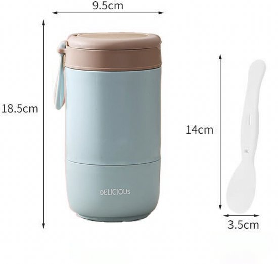 Blauwe, lichtbruine yoghurtbeker (18.5cm hoog) met deksel en lepel (14cm lang). Afmetingen: 9.5cm breed, 3.5cm lepelbreedte.