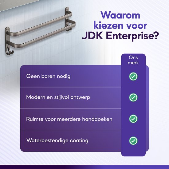 JDK - Porte-serviettes 2 pièces - Porte-serviettes de bain autocollant Salle de bain - Support mural 60 cm - Grijs