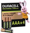 Duracell AAA (4pcs), Batterie rechargeable, AAA, Hybrides nickel-métal (NiMH), 1,2 V, 4 pièce(s), 750 mAh