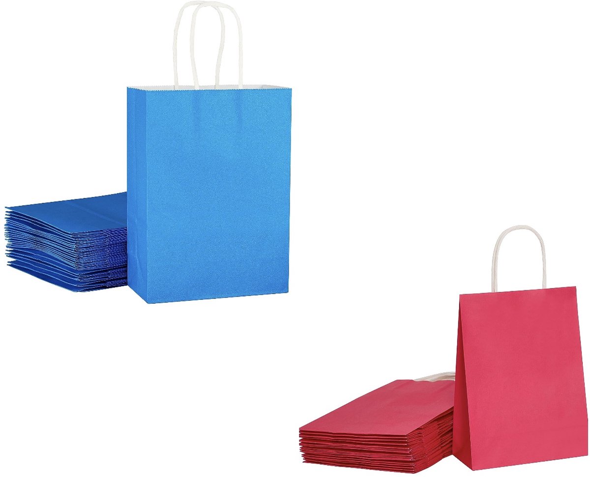 Kleine tasjes Papieren draagtassen met handvat - 18x8x22cm -10 stuks roos - 10 stuks blauw / papieren tassen / Baby shower tasjes Kraft Papieren Tasjes Met Handvat/ Cadeautasjes met gedraaid handgrepen / Zakjes/
