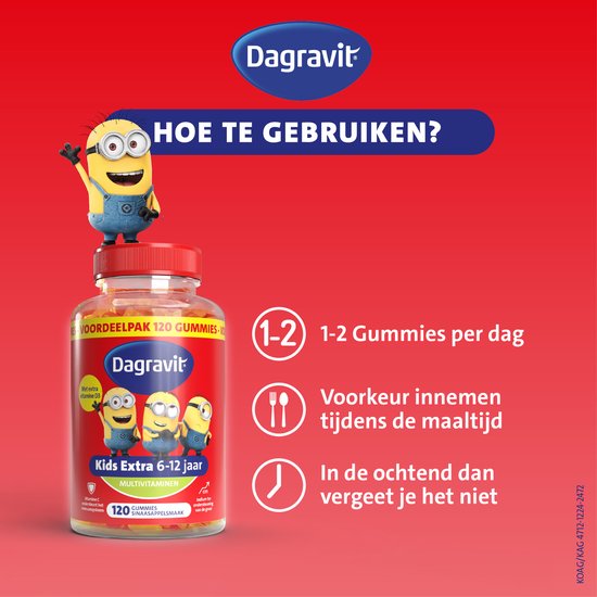 Een Minion staat op een pot met 120 Dagravit Kids Extra multivitamine gummies en toont hoe te gebruiken.