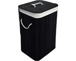 Ceruzo Bamboe Wasmand met Deksel - 72L - Bamboe - Binnenzak Wasbaar - Wassorteerder - Handvaten- Zwart