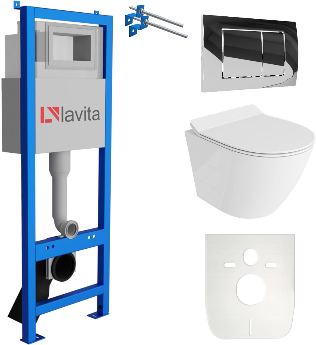 LAVITA® Inbouwreservoir Complete Toiletset LAV 101 - Inbouw WC Hangtoilet Wandcloset SOGO SLIM Wit Hoogglans - Bedieningsplaat 200.1.2 Chroom - Voorwandelement voor toilet 40cm - Installatiesysteem