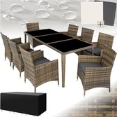 tectake® - Wicker tuinset - 8 stoelen, 1 tafel met glasplaten - Incl. beschermhoes en 2 sets kussenhoezen - Afm. tafel ca. 190x90x75 (LxBxH) - Natuur