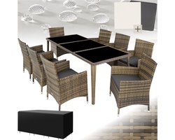 tectake® - Wicker tuinset - 8 stoelen, 1 tafel met glasplaten - Incl. beschermhoes en 2 sets kussenhoezen - Afm. tafel ca. 190x90x75 (LxBxH) - Natuur