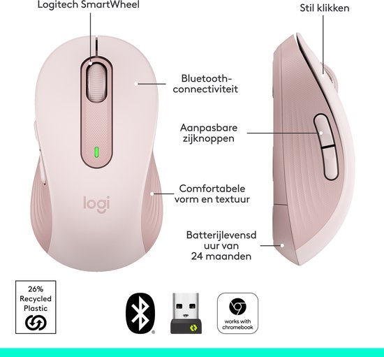 Gedetailleerde weergave van roze Logitech muis met 'SmartWheel', Bluetooth, zijgrepen en 24 maanden batterijduur.