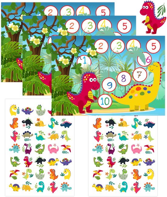 Beloningssysteem + Grote Stickers - Beloningskaarten Dino's + Beloningsstickers - 2 Stickervellen + 3 Dubbelzijdige Beloningskaarten - Beloningssysteem Kind - Zindelijkheidstraining Kind - Beloningssysteem - Plaskaarten - Beloningskalender - Luiers