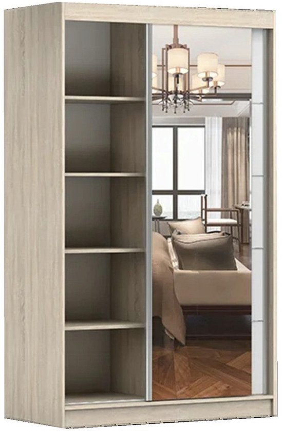 Armoire à portes coulissantes NOAH 05 – Armoire 2 portes avec miroir, étagères et tringle à vêtements – Design moderne – 120 x 200 x 61 cm - NOAH 05 (Zwart + Sonoma)