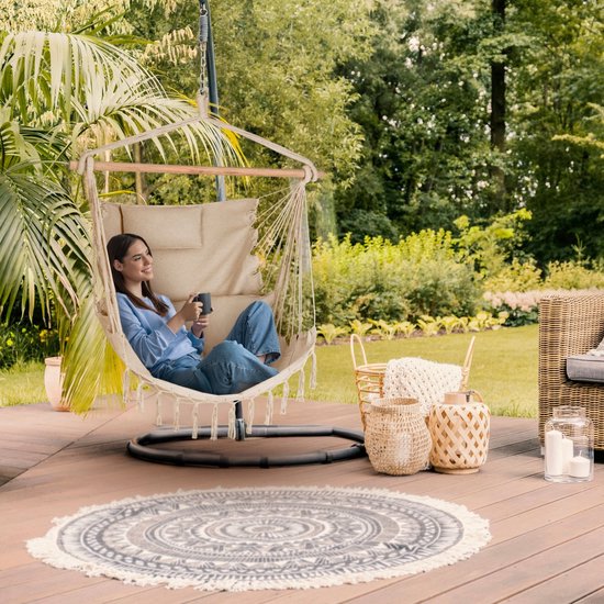 Outtec® Hangstoel met 3 Kussens - 100x130x75cm, tot 140 kg - Boho Fringed Fauteuil, Zitzak, Schommel - voor Buiten, Tuin, Balkon, Huis