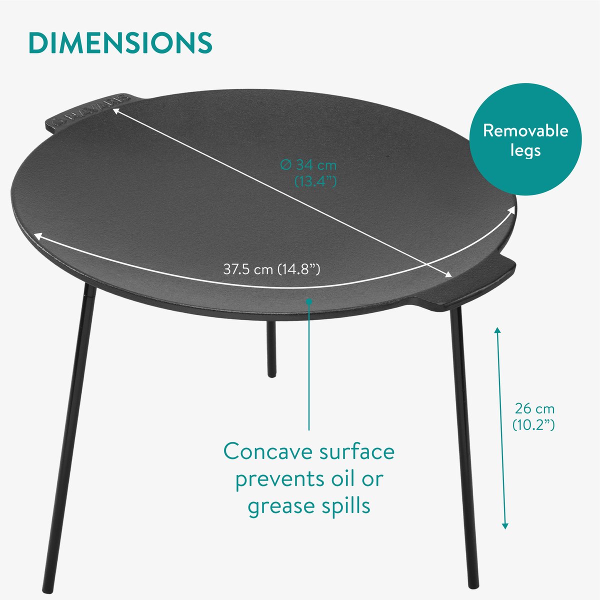 Veryard 45,7 cm gietijzeren kampvuurbakplaat, ronde ijzeren pan, draagbare grill met 3 afneembare poten voor buiten BBQ koken, grillen en frituren buiten kamperen