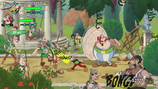 Asterix en Obelix in een Romeinse tuin met zuilen en beelden. Obelix blaast veel wind.