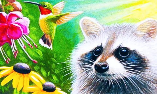 Diamond Painting Volwassenen - Diamond Painting Kinderen - Diamond Painting Pakket Volledig - Wasbeer Colibrie Bloemen - Canvas - 30x20cm - Painting 25x15cm