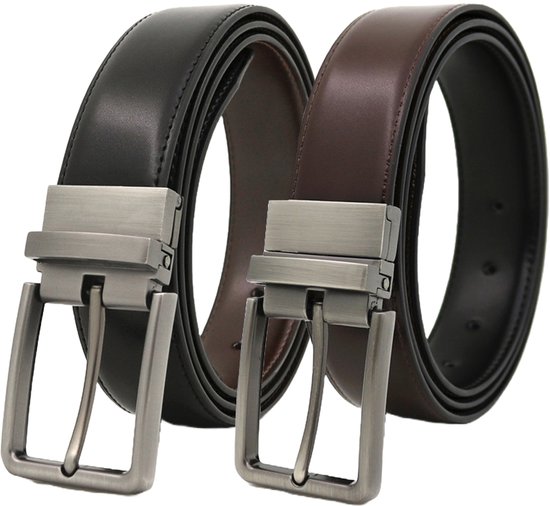 Riem Sorprese Homme - Riem Réversible 2 en 1 - Zwart & Marron Foncé - Cuir - 110 cm - Ceinture Pantalon - Raccourcissante - Réglable