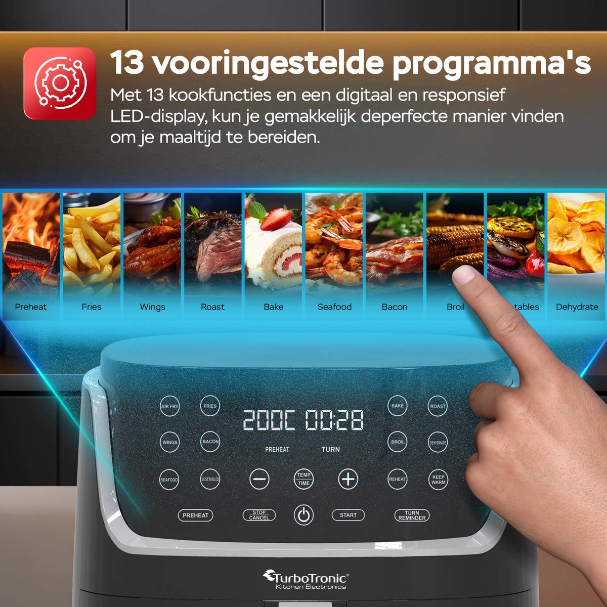 TurboTronic AF13D Airfryer XXL - Heteluchtfriteuse - 8 Liter - Dual Heating - 13 programma's - Zwart thumbnail 5