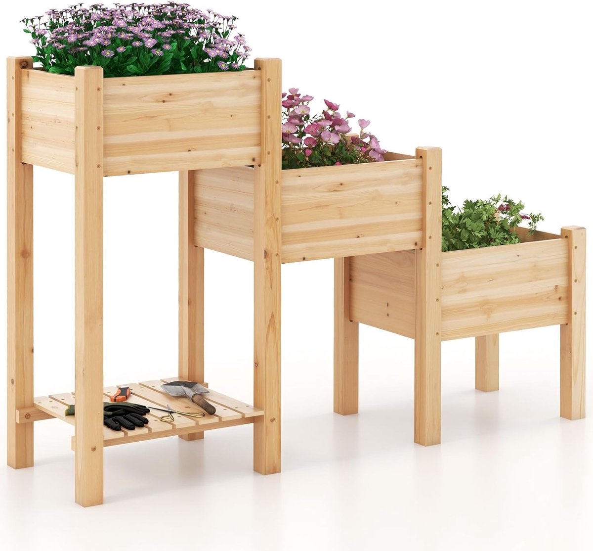COSTWAY Verhoogd tuinbed met 3 etages, verhoogd tuinbed met plank, plantenbak van hout, plantenbed met afwateringsgaten, broeibed voor balkon, tuin, terras, 161 x 43 x 104 cm, naturel