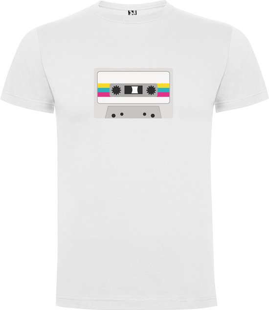 Wit T-Shirt met “Kleurrijke Cassette bandje – Retro – 80's – Jaren 80 – Herinneringen – Good Vibes “ Print Full Color Maat S