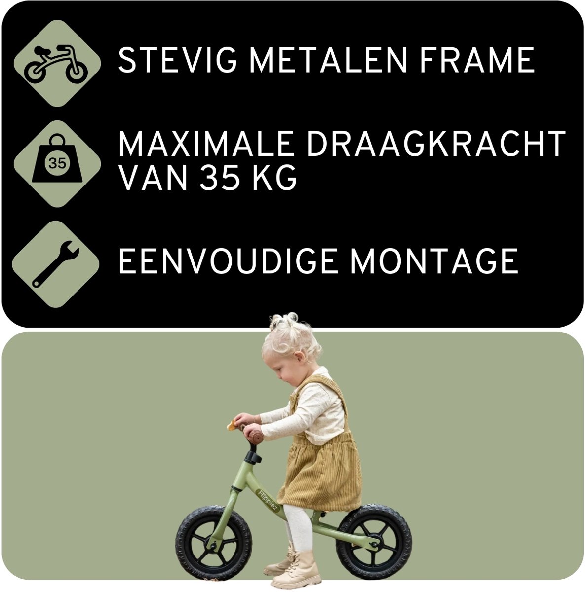 Hippiez Metalen Loopfiets Worker Old Green vanaf 2 jaar - Groene Loop Fiets - Verstelbaar Zadel en Stuur - Voor Jongens en Meisjes - Compact en Veilig - Lage Instap — afbeelding 2