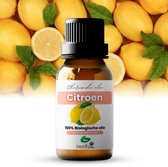 Flesje citroen etherische olie van Zenful, 100% biologisch, puur & natuurlijk, op een achtergrond van citroenen.