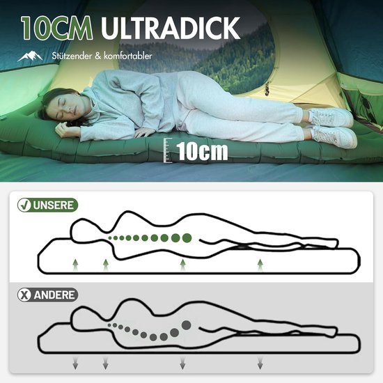 Campingmat, zelfopblazend, 10 cm dik, ultralicht, met voetpomp, 18 cm dik kussen, opblaasbaar matras, outdoor, opvouwbare slaapmat, 200 x 74 cm, voor kamperen, wandelen, reizen van Unigear — afbeelding 3