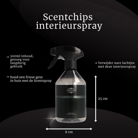 Interieurspray fles met zwarte spuitkop, 500ml inhoud, 25cm hoog, 8cm breed.