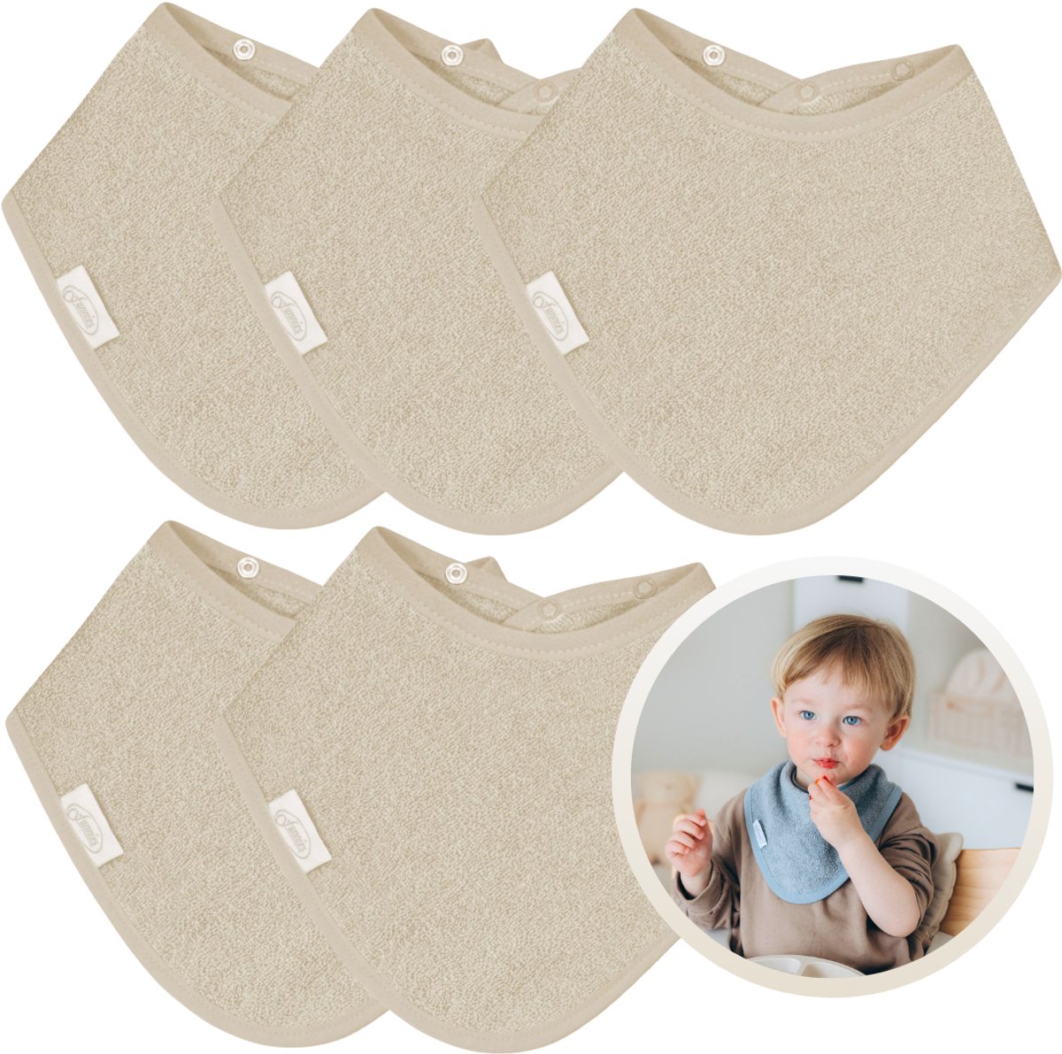 Funnies Bandana Slabbetjes 5 Stuks Cream - Set van 5 Zachte Slabbetjes - Kwijldoekjes - Spuugdoekjes - Gemaakt van 100% Katoenen Badstof - Absorberend, Zacht en Makkelijk Wasbaar - Ideaal voor Baby’s bij Voeden, Kwijlen en Spugen