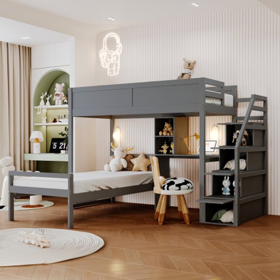 BLSYHDH Stapelbed, 140 x 200 cm, met trap, kinderbed met opbergvak, kinderbed, hoogslaper met valbescherming en hekken (wit, 140 x 200 cm