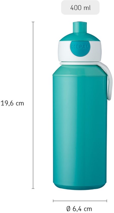 Bouteille Mepal turquoise de 400 ml avec bouchon blanc. Dimensions : 19,6 cm de haut, 6,4 cm de diamètre.