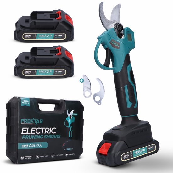 Sécateur électrique ProXtar - Diamètre de coupe 28 mm - Cisaille à branches - Sécateur sans fil - Taille-haie - Comprend un étui de rangement, 2 Batteries et un Set de lames de rechange