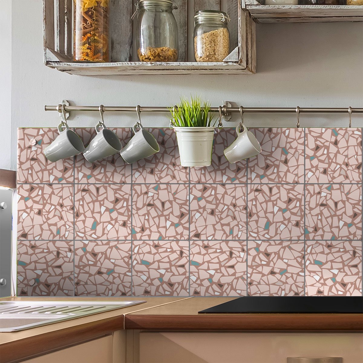 Ambiance Sticker Muurstickers - Zelfklevende tegelmuurstickers voor keuken en badkamer - TERRAZZO ARQUATO - 9 stickers, 20x20cm Multi color