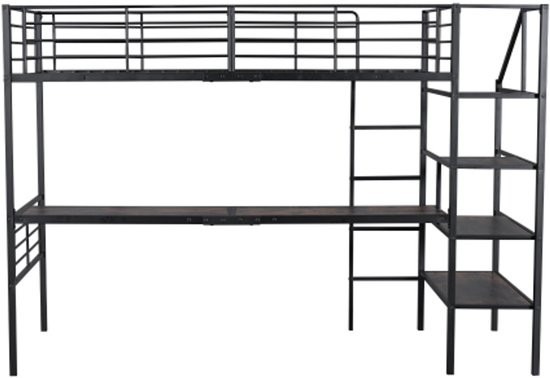 Kinderhoogslaper - 90 X 200 Cm - Ijzeren Frame - Met Opbergruimte En Veiligheidstrap Metaal Zwart