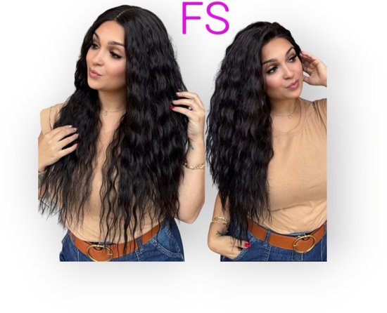 Frazimashop- 26 inch Bruin Pruik Hittebestendige - Pruiken Dames Lang krul Haar kleur 1 zwrt- #Front Lace Wig 13x1# Hoge kwaliteit synthetische pruik 55 cm