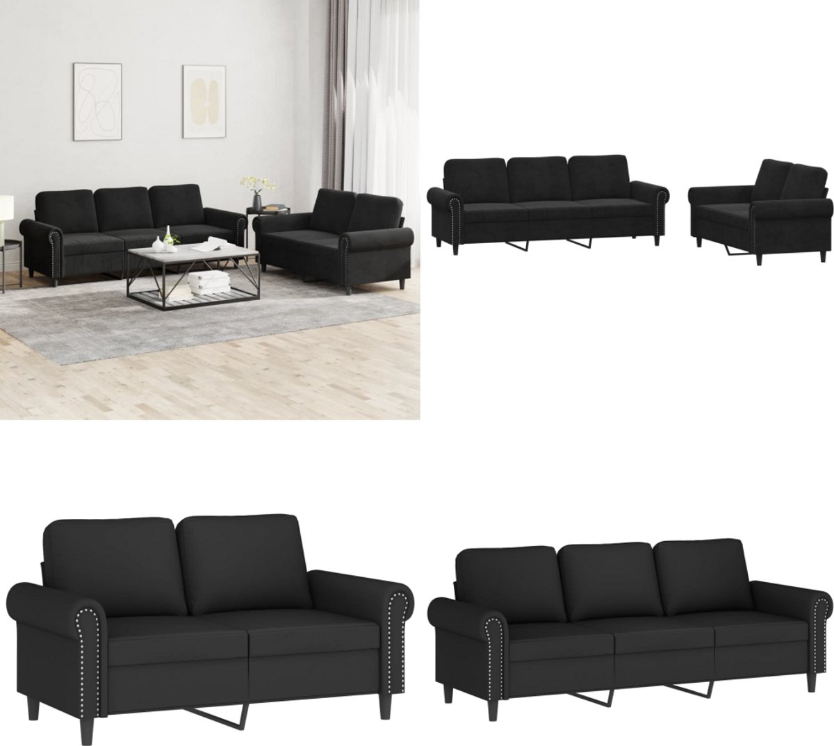 VidaXL 2-delige Loungeset met kussens fluweel zwart Bankstel Bankstellen Fauteuil 2-zitsbank