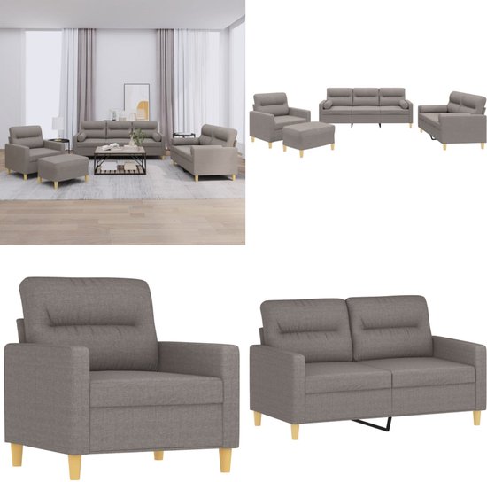 Een taupe stoffen loungeset, bestaande uit een fauteuil, poef, tweezitsbank en driezitsbank, opgesteld in een woonkamer.