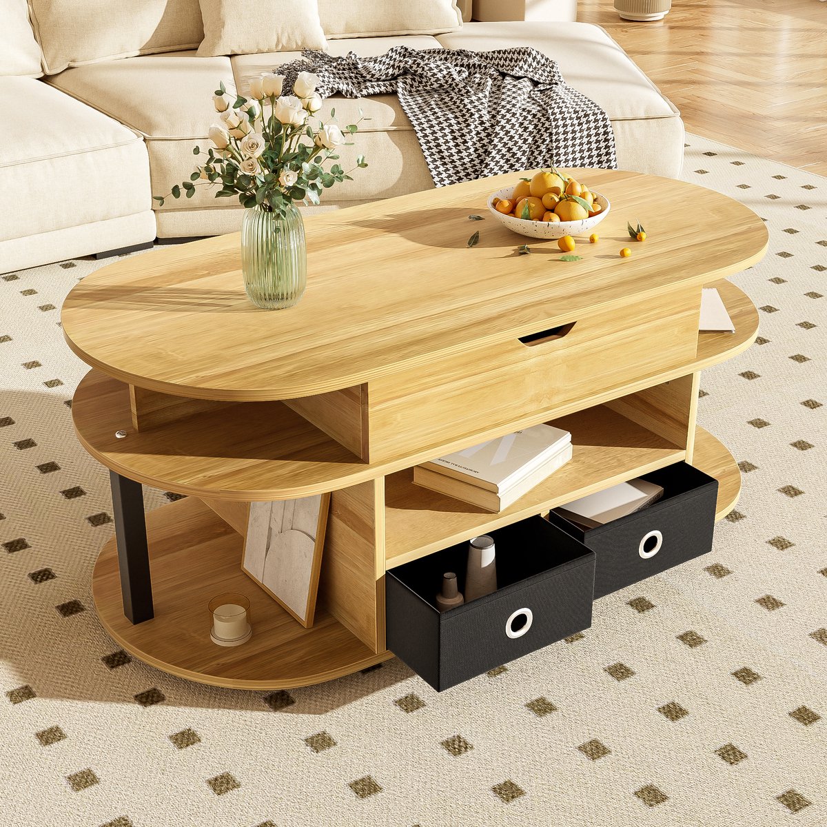Moderne salontafel - Houtnerf & liftfunctie - Zwarte stoffen lades - Opbergruimte - Veelzijdig en praktisch - Voor woonkamer en kantoor